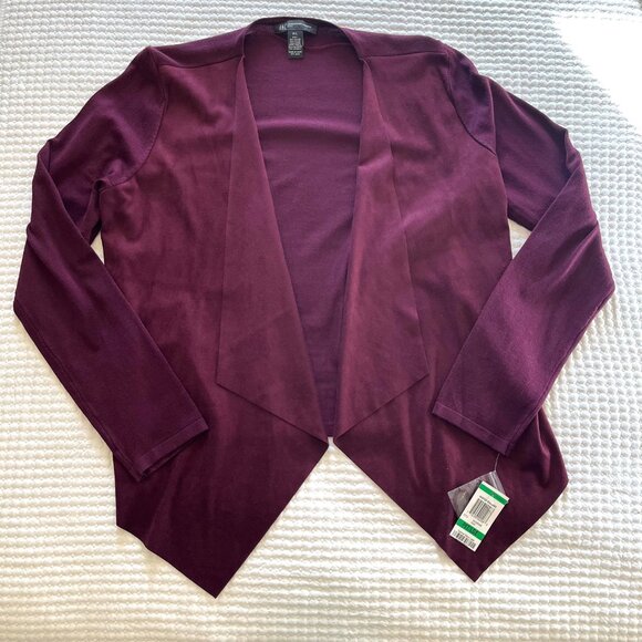 INC Draped Open Front Cardigan Sweater, Faux Suede Panels, in Port (PL) New/Tag - Picture 6 of 10